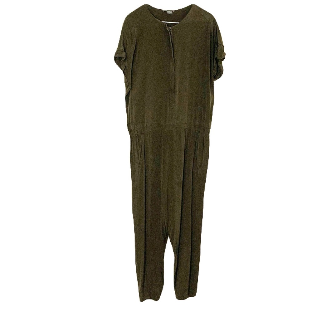 Vince Women’s Size 12 Dark Olive Green 100% Silk Zip Jumpsuit Quiet Luxury